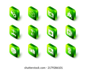 Set Isometric Cube, Graphing Paper For Engineering, Sketch On, 3D Printer,  And Photo Camera Icon. Vector