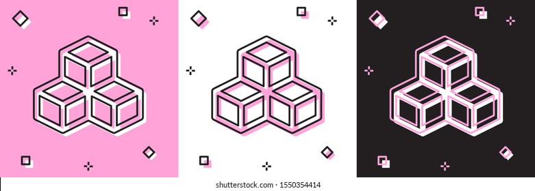 Set Isometric cube icon isolated on pink and white, black background. Geometric cubes solid icon. 3D square sign. Box symbol.  Vector Illustration