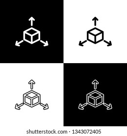 Set Isometric cube icons isolated on black and white background. Geometric cubes solid icon. 3D square sign. Box symbol. Line, outline and linear icon. Vector Illustration
