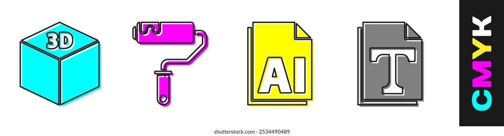 Set Isometric cube, Paint roller brush, AI file document and Text file document icon. Vector