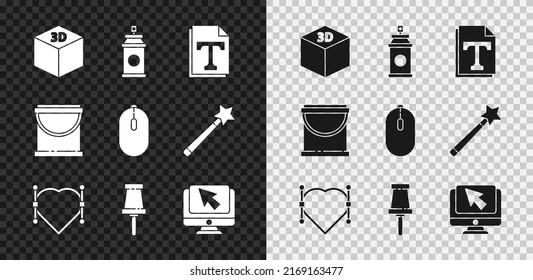 Set Isometric cube, Paint spray can, Text file document, Heart with Bezier curve, Push pin, Computer monitor and cursor, bucket and mouse icon. Vector