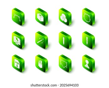 Ajuste cubo isométrico, mezcla de colores RGB y CMYK, Circle con curva de Bézier, Pipeta, Sello, Borrador de lápiz, icono de lápiz de reglas de corazón y cruzado. Vector