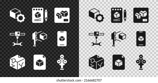 Set Isometric Cube, Sketch On Paper, 3D Printer, File, Scanner, Wrench Spanner And With Icon. Vector