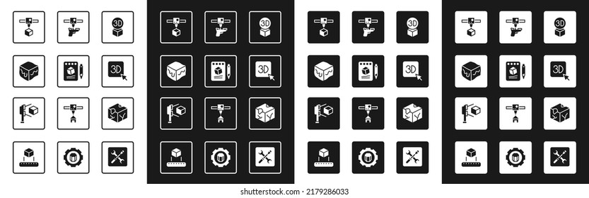 Set Isometric Cube, Sketch On Paper, 3D Printer, Gun,  And Scanner With Icon. Vector