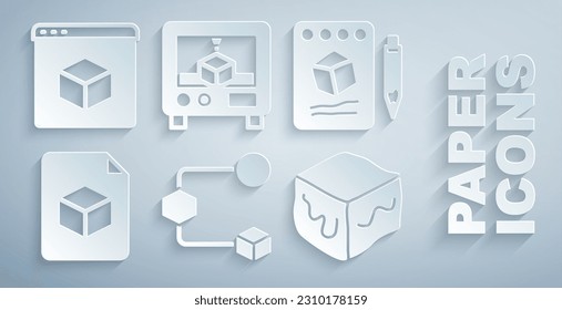 Set Isometric cube, Sketch on paper, file, 3D printer and  icon. Vector
