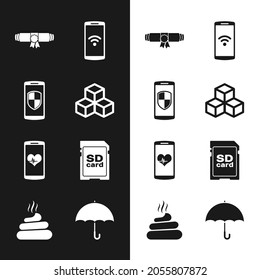 Set Isometric cube, Smartphone with shield, Diploma rolled scroll, wireless, heart rate and SD card icon. Vector