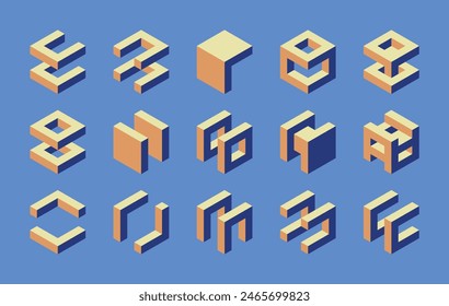 Set of isometric cubes. 3D vector geometric shapes. Collection of isolated modern architectural elements.