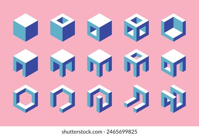 Set of isometric cubes. 3D vector geometric shapes. Collection of isolated modern architectural elements.