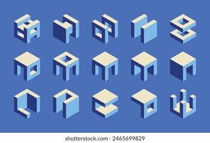 Conjunto de cubos isométricos. Formas geométricas de Vector 3D. Colección de Elementos arquitectónicos modernos aislados.