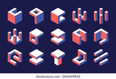 Set of isometric cubes. 3D vector geometric shapes. Collection of isolated modern architectural elements.