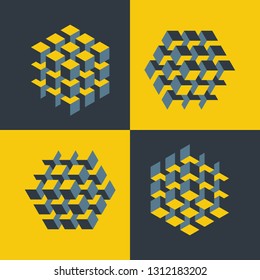 Set of isometric cubes constructed of several blocks. Imp art seamless pattern. Group of objects for construction of visual maze, optical illusion. Abstract symbols with three-dimensional effect.