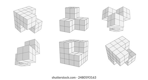 Set of isometric cubes. Isometric drawing on a white background. Blocks Linear geometric pattern.Vector illustration.