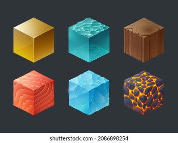 Set of isometric cubes, game texture, 3d icons frozen ice piece, wood, lava, water and gold boxes for computer or mobile ui or gui interface design. Fantasy world creation Cartoon vector illustration