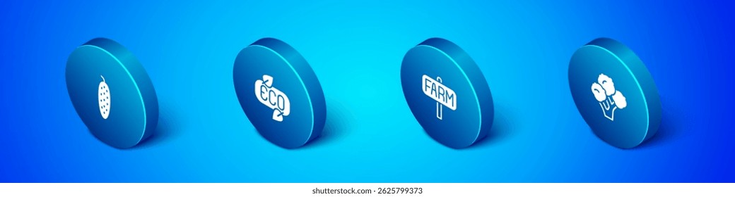 Set Isometric Cucumber, Location farm, Broccoli and Leaf Eco symbol icon. Vector