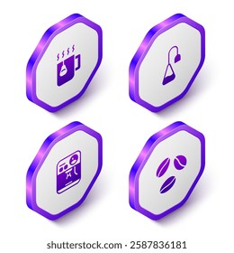 Set Isometric Cup of tea with bag, Tea, Coffee machine and beans icon. Purple hexagon button. Vector