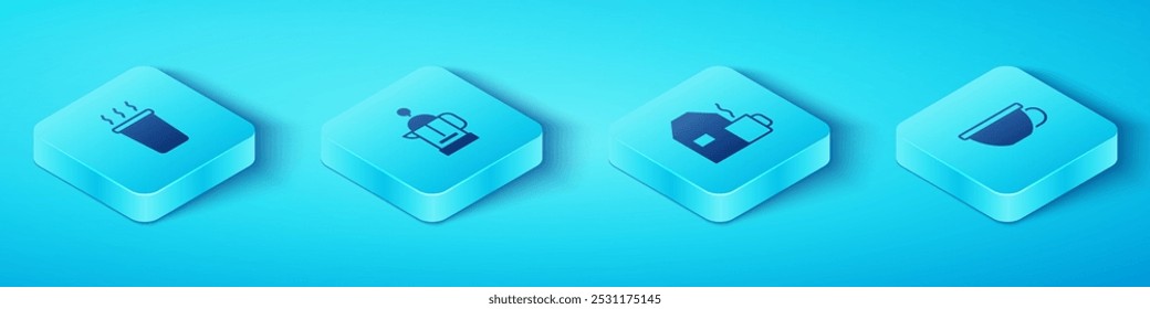 Set Isometric Cup of tea, French press,  and with milk icon. Vector