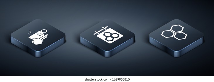 Set Isometric Cup of tea with honey, Honeycomb and Hanging sign with honeycomb icon. Vector