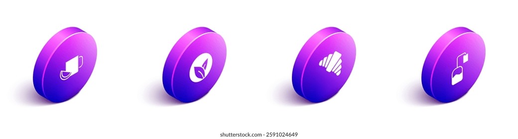 Set Isometric Cup of tea with lemon, Tea leaf, Croissant and bag icon. Vector