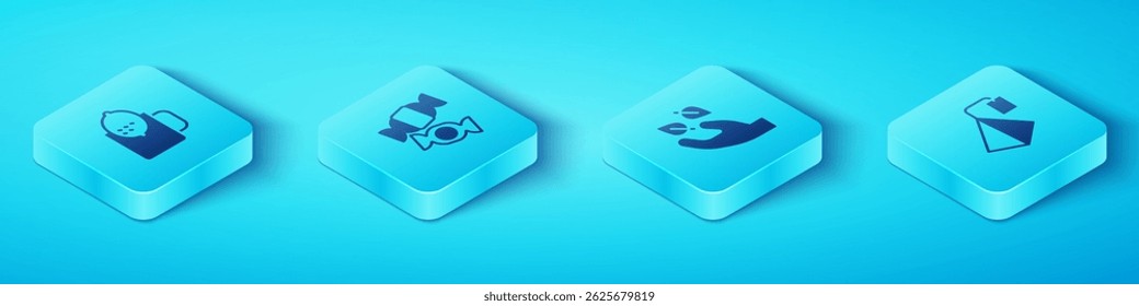 Set Isometric Cup de chá com limão, doce, Saco de chá e folha no ícone de mão. Vetor