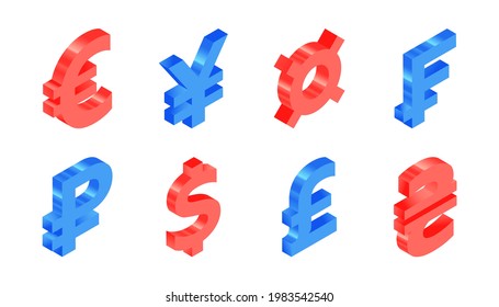 Set Of Isometric Currency Icons. Modern Flat Vector Illustration. Dollar, Euro, Pound, Hryvnia, Ruble, Frank, Yen Currency Sign. Social Media Template.