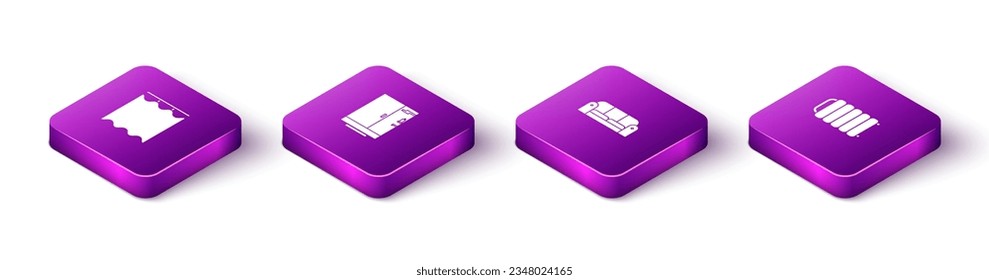 Set Isometric Curtains, Shower cabin, Sofa and Heating radiator icon. Vector