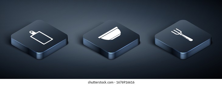 Coloque el icono Isometric Cutting board , Fork and Bowl. Vector