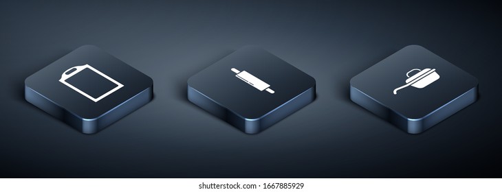 Set Isometric Cutting board , Frying pan  and Rolling pin  icon. Vector