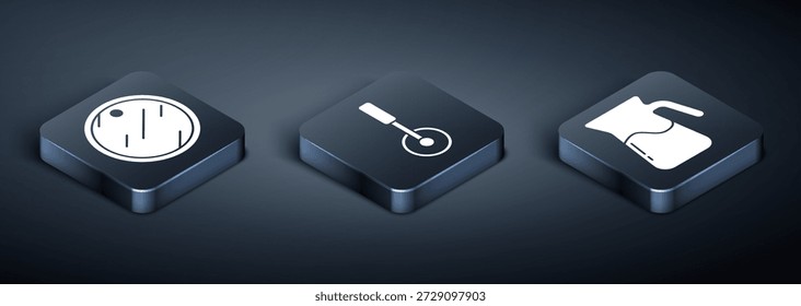 Tabla de cortar isométrica, jarra de vidrio con agua y cuchillo de pizza icono. Vector