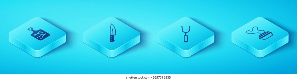 Tabla de cortar isométrica, picadora de carne, pastel casero e icono de tenedor de barbacoa. Vector