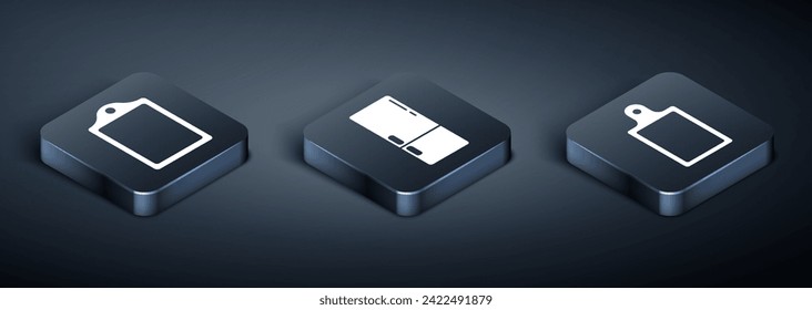 Set Isometric Cutting board, Cutting board and Refrigerator icon. Vector