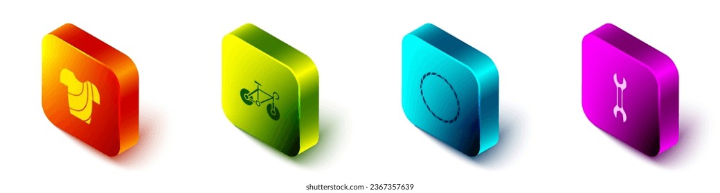 Set Isometric Cycling t-shirt, Bicycle, wheel and Wrench spanner icon. Vector