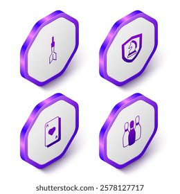 Set Isometric Dart arrow, Chess, Playing cards and Bowling pin icon. Purple hexagon button. Vector