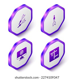 Set Isometric Dart arrow, Game dice and Crossword icon. Purple hexagon button. Vector