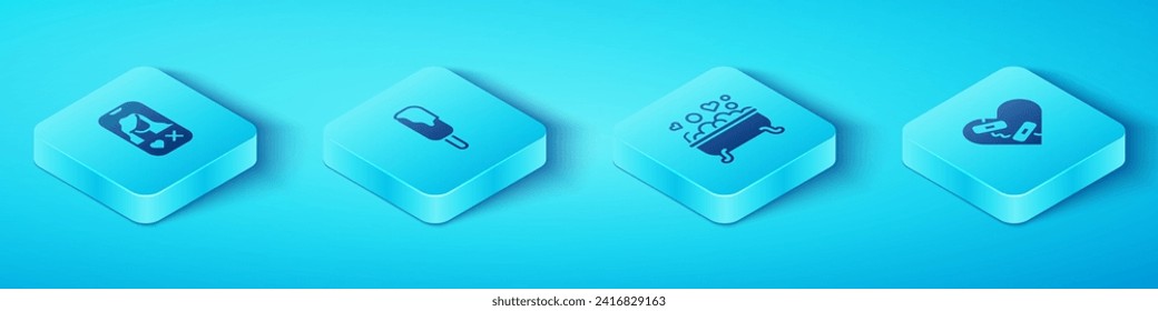 Set Isometric Dating app online, Ice cream, Healed broken heart and Romantic bathroom icon. Vector