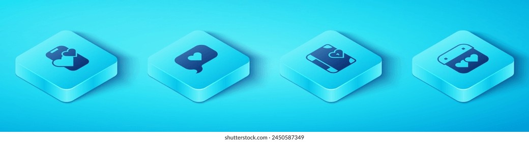 Set Isometric Dating app online mobile, Heart speech bubble, Calendar with heart and Love diary icon. Vector