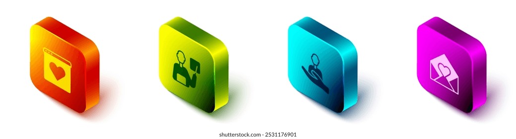 App de citas isométricas en línea, profesor, cuidado de las personas y sobre con icono de corazón de San Valentín. Vector