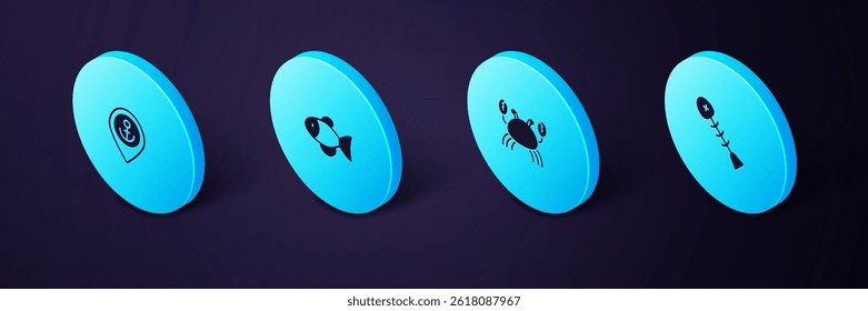 Set Isometric Dead fish, Crab, Fish and Location with anchor icon. Vector