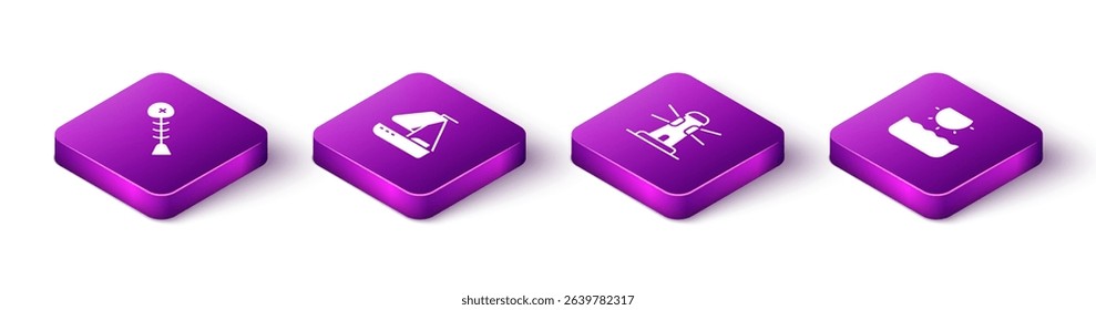 Set Isometric Dead fish, Yacht sailboat, Lighthouse and Sun icon. Vector