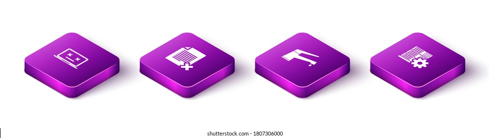 Establezca el portátil Isometric Dead, el documento de archivo Delete, el botón Water tap y el icono de configuración del servidor. Vector.