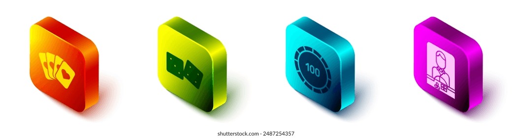 Set Isometric Deck of playing cards, Game dice, Casino chips and Casino dealer icon. Vector