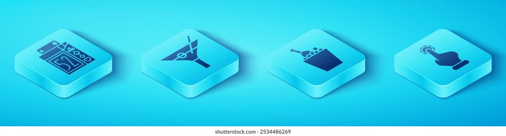 Conjunto de baraja isométrica de cartas, vidrio Martini, fichas de casino de mano y champán en un icono de cubo de hielo. Vector