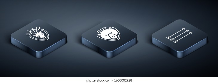 Set Isometric Deer head with antlers on shield, Hipster arrows and Bear head on shield icon. Vector