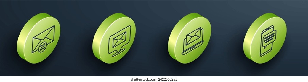 Set Isometric Delete envelope, Speech bubble with envelope, Laptop with envelope and Chat messages notification on phone icon. Vector