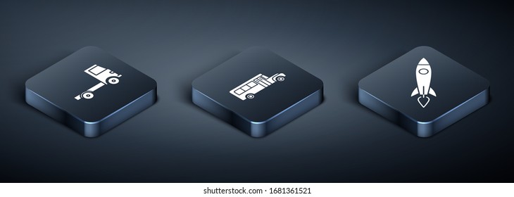 Set Isometric Delivery cargo truck vehicle, Rocket ship with fire and School Bus icon. Vector
