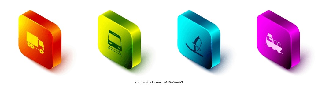 Set Isometric Delivery cargo truck, Train and railway, Windsurfing and Oil tanker ship icon. Vector