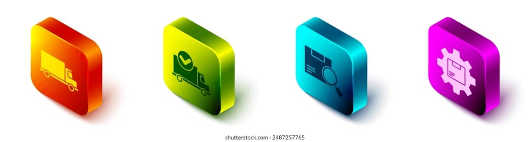 Set Isometric Delivery cargo truck vehicle, Delivery truck with check mark, Search package and Gear wheel with package box icon. Vector