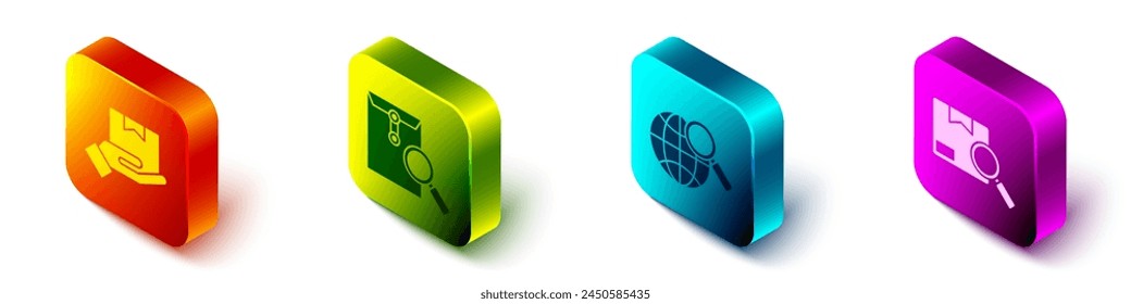 Set Isometric Delivery hand with boxes, Envelope with magnifying glass, Magnifying glass with globe and Search package icon. Vector