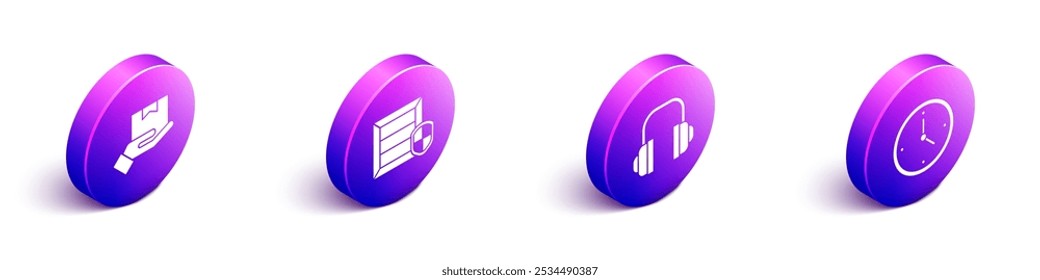 Defina a mão de entrega isométrica com caixas, a segurança do pacote de entrega com escudo, auscultadores e ícone de entrega rápida. Vetor