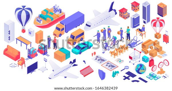 Set of\
isometric delivery service concept isolated on white background.\
Courier, worker, various transportation, box, furniture graphic\
illustration. Collection of postal\
shipment