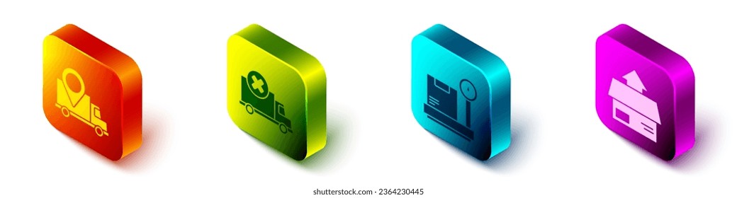 Set Isometric Delivery tracking, Delivery cargo truck vehicle, Scale with cardboard box and Carton cardboard box icon. Vector